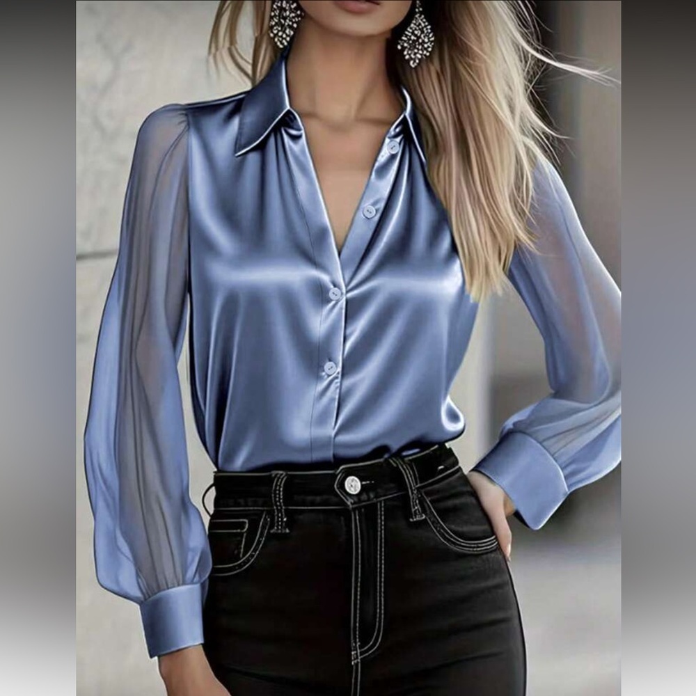 Elegant Blue Sheer Sleeve Blouse